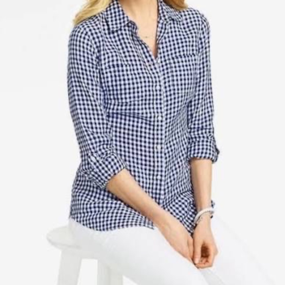 Women's TALBOTS Blue White Gingham Plaid Long Sleeve Shirt Tunic Button Top 3Xp - Picture 2 of 12